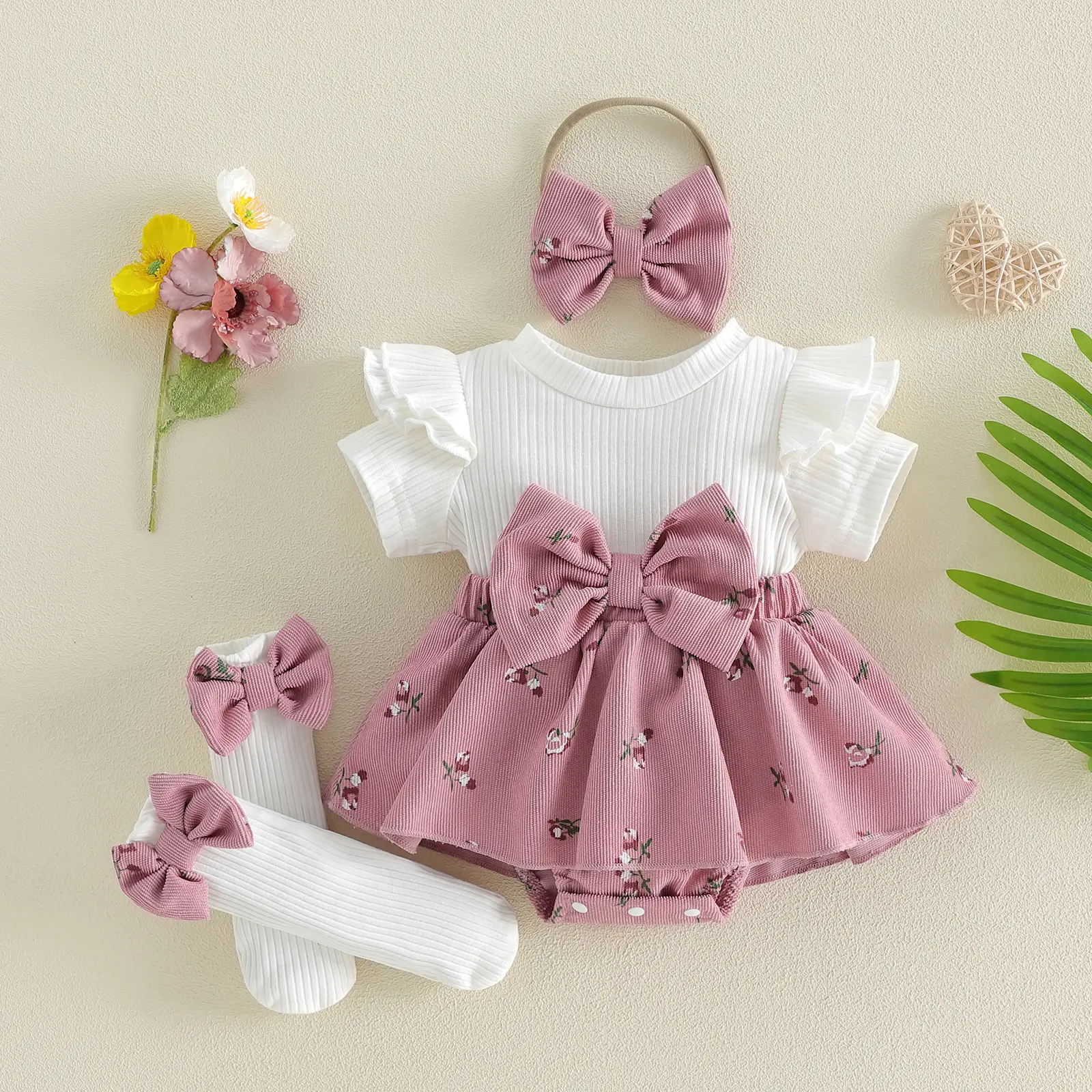Newborn Baby Girls Summer Romper Dress 3 6 9 12 Months Short Sleeve Skirt Jumpsuit + Long Socks + Headband Set Clothes