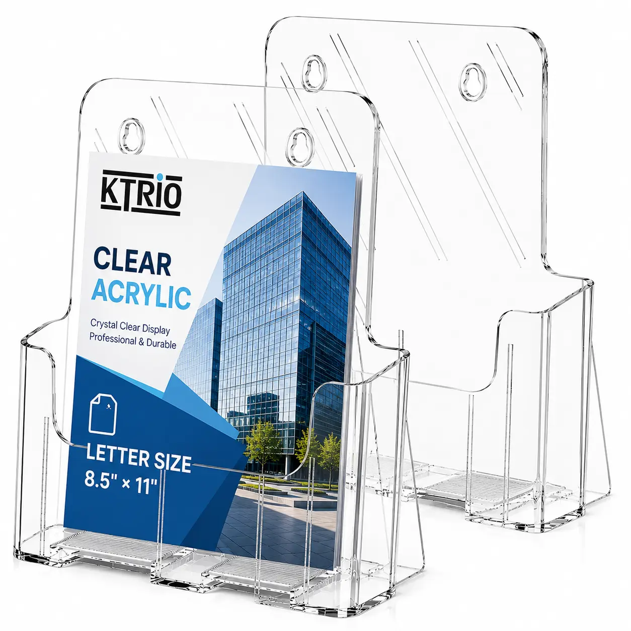KTRIO Acrylic Brochure Holder 8.5 x 11 Clear Flyer Display Stand, Plastic Literature Holder for Trifold Brochures, Magazines, Menus, Pamphlets, Booklets, Documents, Desk or Wall Mount, 2 Pack