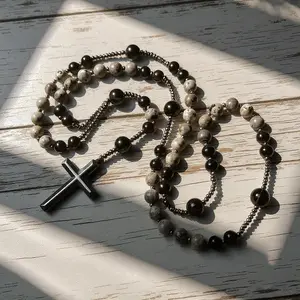 DearYou Studio B Natural Obsidian Yooperlite Rosary Necklace UV Reactive Protection Necklace Hematite Stone Cross Pendant Necklace Gift for her, gift for him