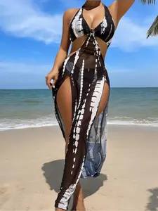 Two-piece Set Women's Patchwork Print Halter Neck Tie Back Bikini Set, Casual Ring Linked Backless Swim Bra & High Cut Swim Panty, Ladies Swimsuit for Beach Holiday Vacation Bikinis Set