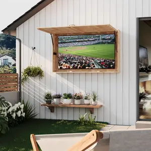 Outdoor TV Enclosure 55 Inch for Patio Beach, Solid Wood Weatherproof TV Cover with Fold-Up Door and 4D Adjustable Mount, Fits 44-55 Inch TVs, Includes Dust Cover and Sturdy Handle, Natural