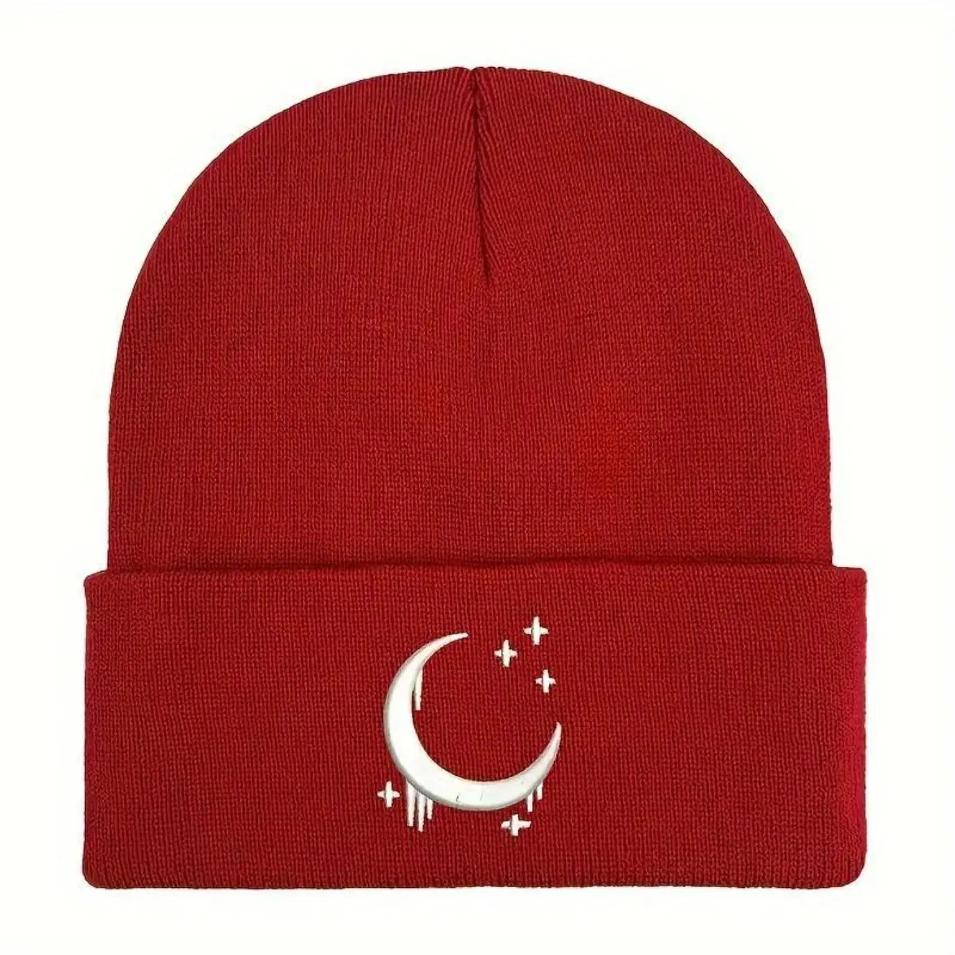 Gothic Beanie with Crescent & Stars Embroidery, Cozy Warm Knitted Cotton Skull Cap for Men & Women, Winter Casual Wear, Skull Caps, Cozy Warmth, Unisex, Embroidered Art, Gothic Black Beanie, Winter Hats