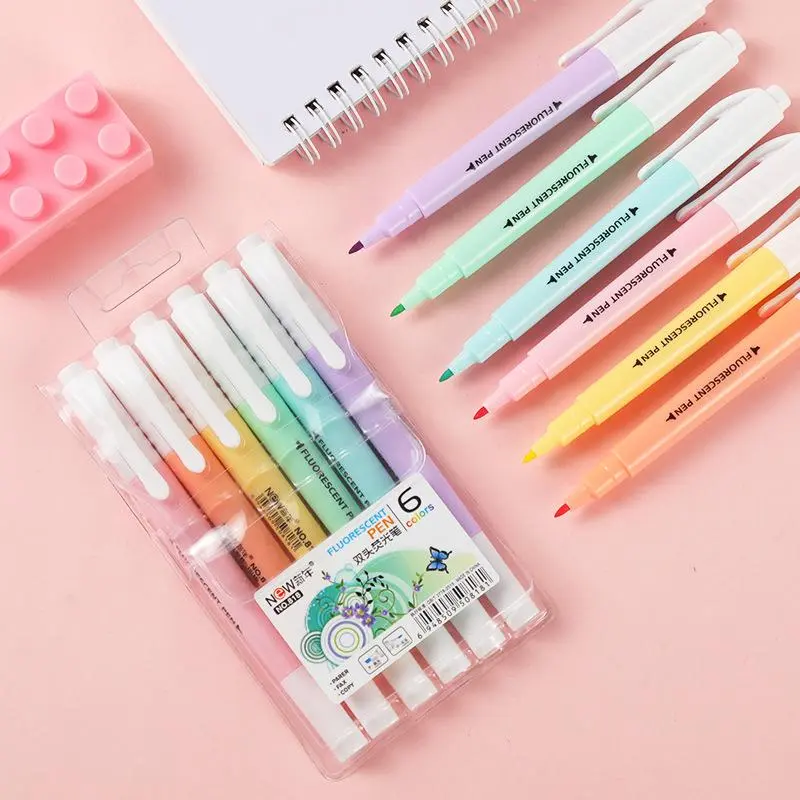 6pcs Double Head Highlighter Pen, Dual Ended Highlighter, Fluorescent Pen, Writing Pen, Marker Highlighter, Dual Tip Highlighters, Dual Tip For School & Office, Valentine's Day Gift