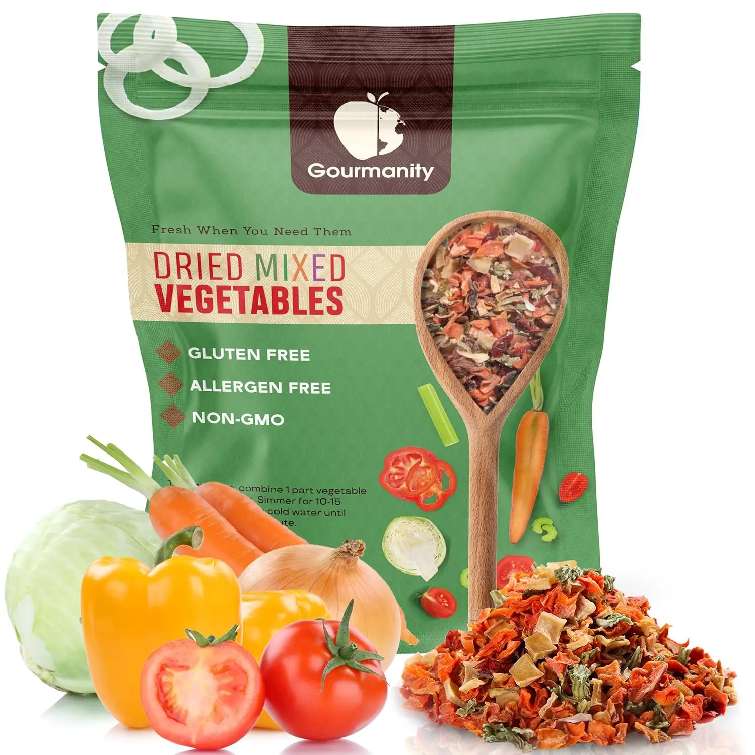 Gourmanity Dehydrated Mixed Vegetables for Ramen Toppings and Soup, 2lb | Big 2lb resealable bag. Dried onion, carrot, celery, tomato, bell pepper, cabbage. No chopping. Ramen, soups, stews. Non-GMO