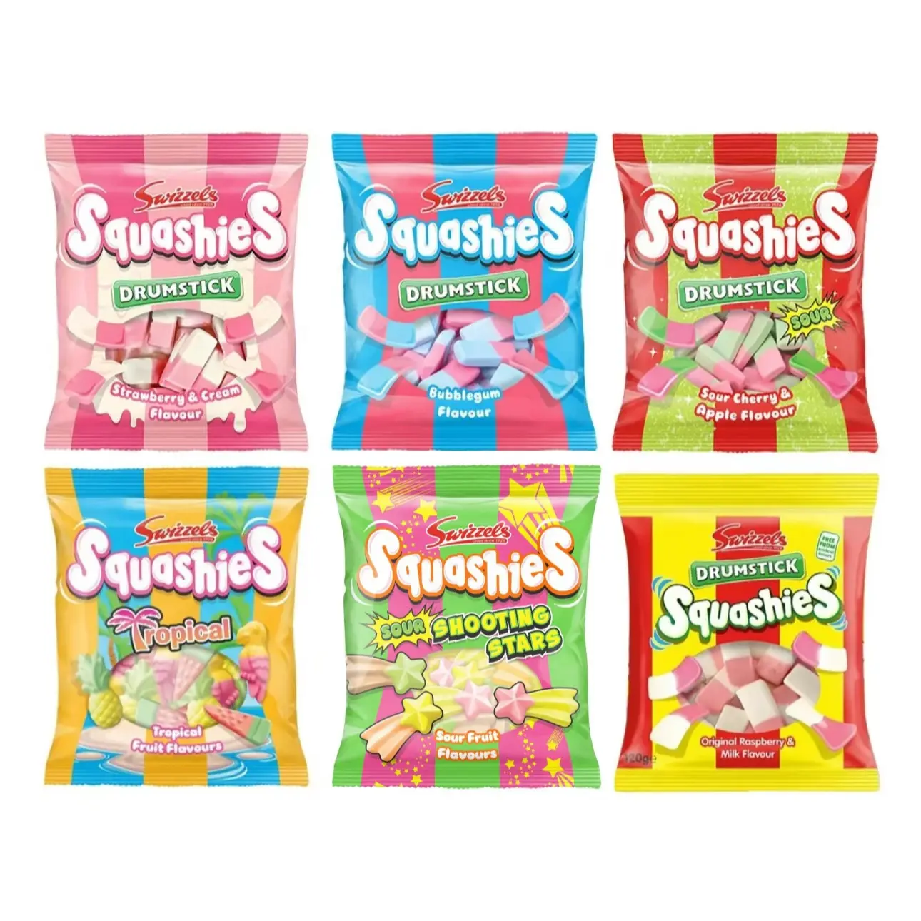 Squashies Drumstick Candy - Strawberry, Sour Cherry and Apple, Bubblegum,  Rhubarb and Custard ,Original Raspberry and Milk Flavor Candies 120g Each