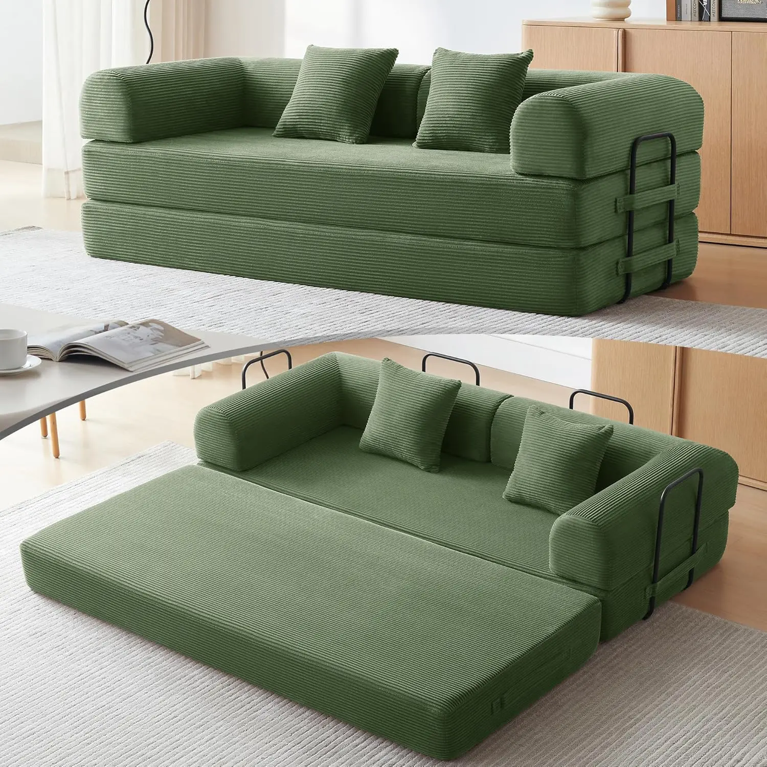 Green 5-in-1 Modular Chenille King Size Extendable Couch with Armrest - Pre-Assembled Fixed-Shape Frame, Foam Folding Mattress, Gaming Sofas Living Room, Bedroom DIY Combination, Floor Sofa