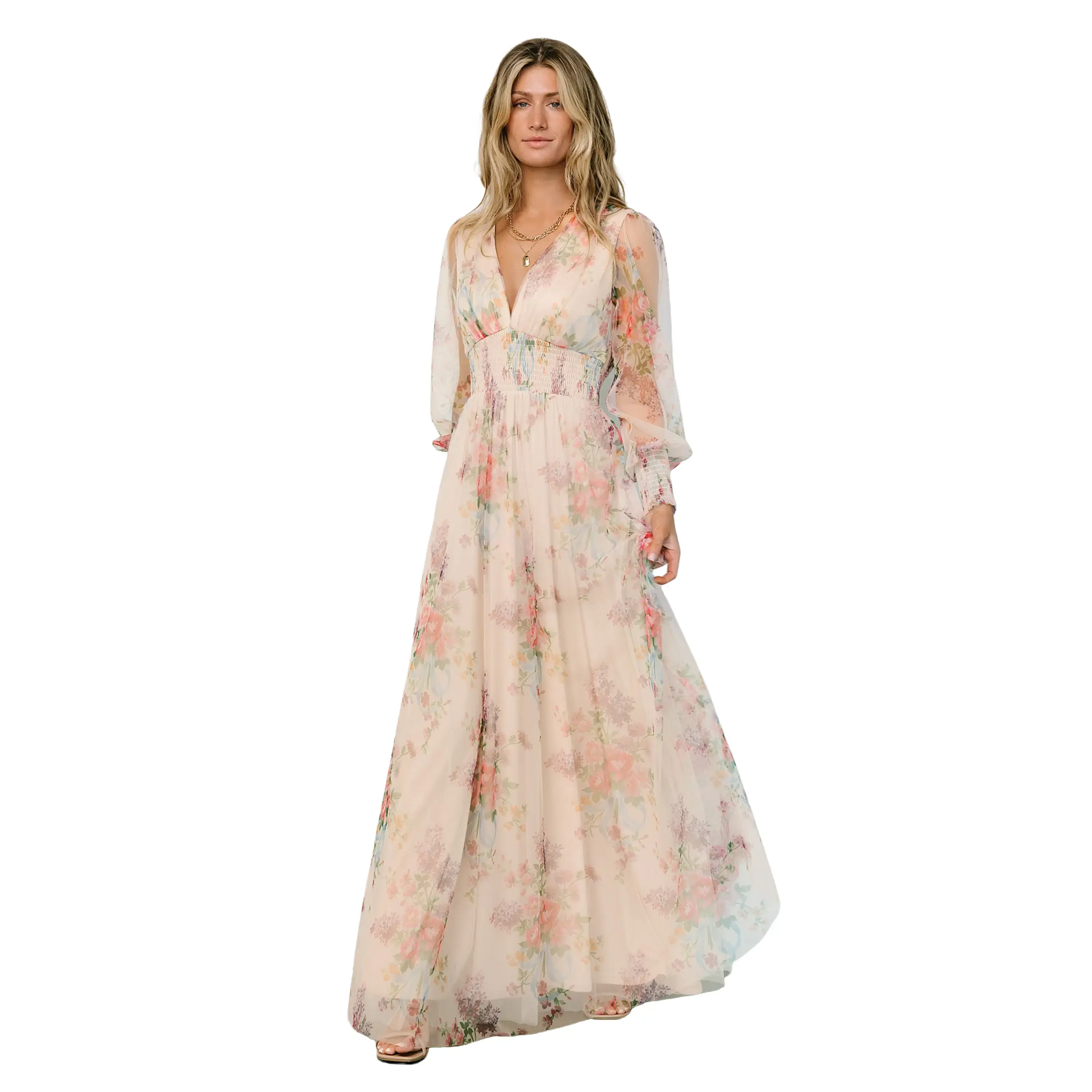 Women's Layla Polyester Tulle Maxi Dress, Romantic Floral Print, Gorgeous Sleeves, Comfortable Fit