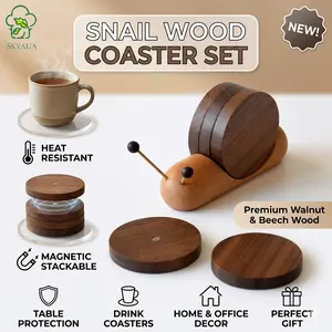Snail Wooden Coasters Set, Magnetic Stackable, Heat Resistant Tableware for Coffee & Tea, Stylish Table Protection, Home Office Decor Gift