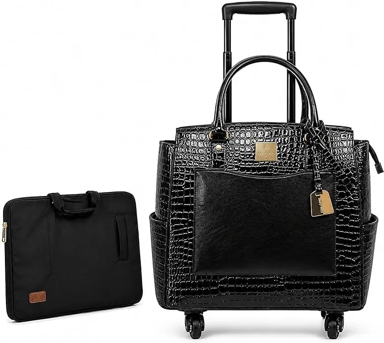 Women's Rolling Briefcase with Wheels, Laptop Compartment - Black Business Luggage Tote Bag