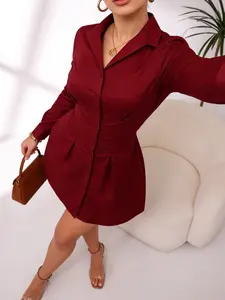Summer Ready! red Long Sleeve Mini Dress with Button-Up Detail - Stylish Pleated Skirt for Day to Night Wear | Womenswear Trending Now Formal Wear