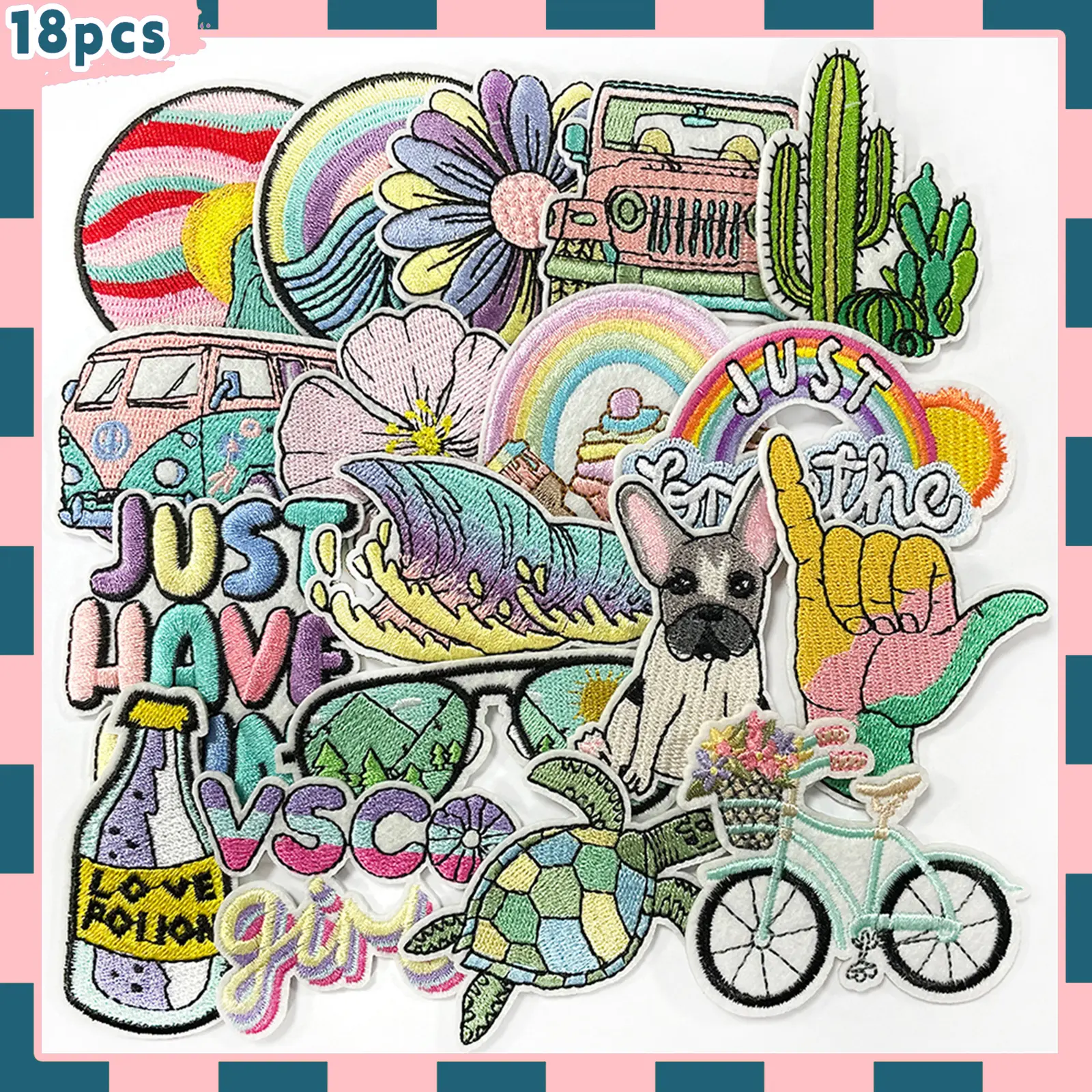 18Pcs Summer Beach Iron On Embroidered Patches Assorted Cute Cartoon Applique Sew On DIY Fashion Accessories for Clothes Jeans Hats Backpack Socks Bag