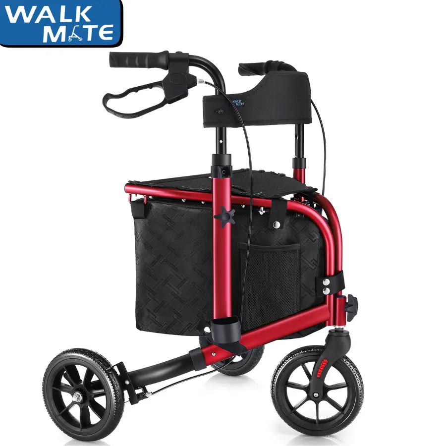 WALK MATE 3-Wheel Rollator Walker with Seat & Padded Backrest - Aluminum Frame, Folds Compactly, Height Adjustable, Speed-Control Brake, 8in Tri-Wheel Base, Lightweight Mobility Aid for Slim Seniors, Red Healthcare Equipment with Cushion