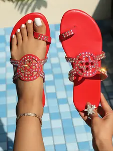 Women's Colorful Rhinestone Flip Flops Summer Flat Multi Strap Sandals Vacation Water Drill Slip-On Shoes High-End Fashion
