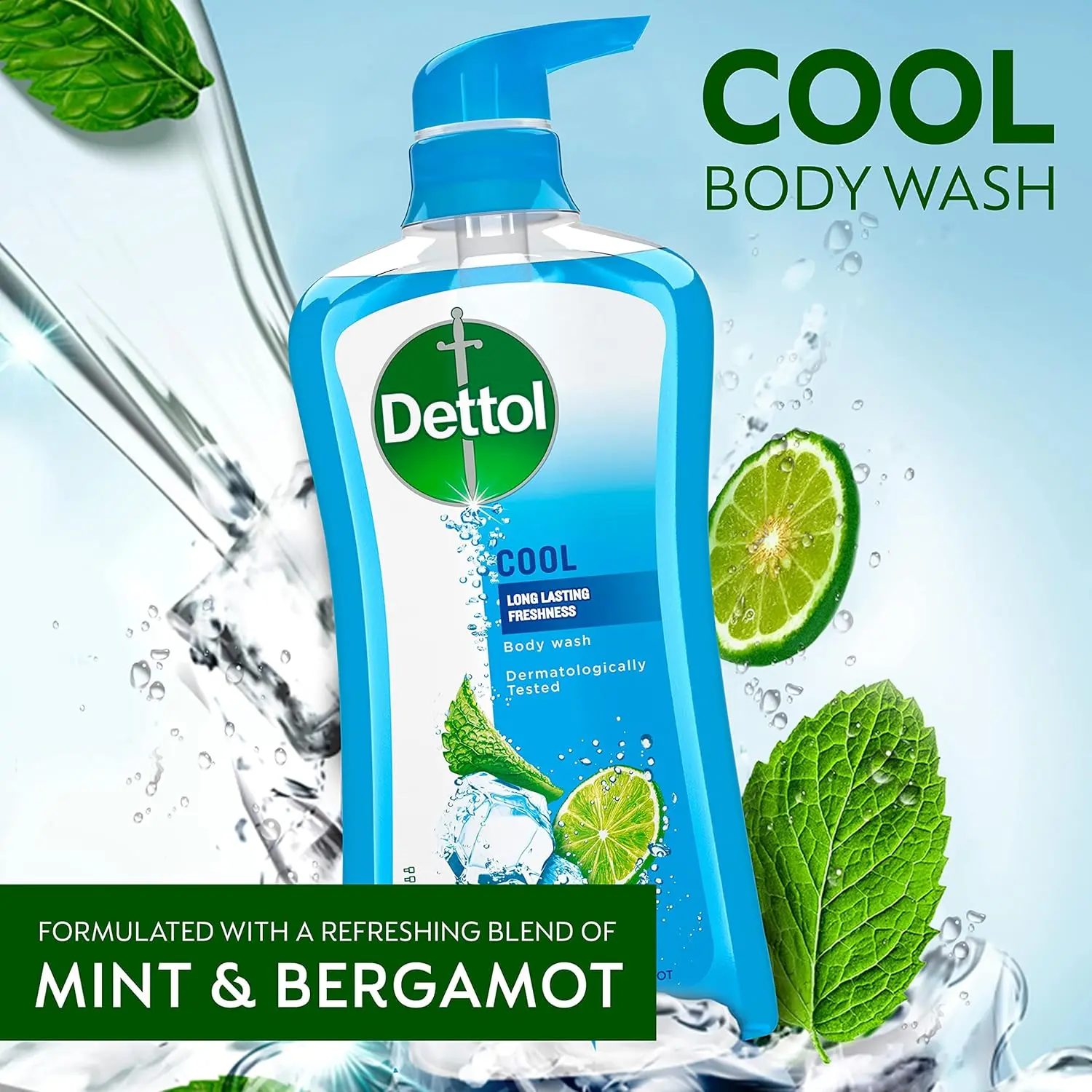Dettol Cool Scented Aromatic Body Wash Cleanser - Gentle, pH-Balanced, Mint & Bergamot Blend, 16.90 Fl Oz Single Item for Normal Skin Bath & Body Care, Aromatic Body Cleanser