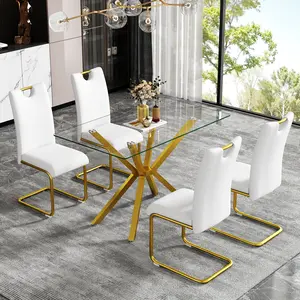 Shipping Included 47.24" Rectangular Glass Dining Table for 4-6,Modern Kitchen Table with Gold Metal Legs & Adjustable Feets,Easy Assembly Dinner Table Support 220 lbs,Stylish Durable Design for Dining Room,Apartment,Small Spaces (ONLY TABLE)