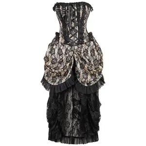 Top Drawer Steel Boned Cream w/Black Lace Bustle Corset Dress