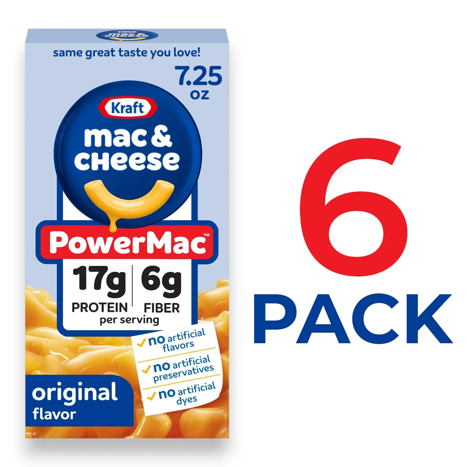 High Protein Pasta Macaroni and Cheese Dinner - Original Flavor, 6-Pack of 7.25 oz Boxes, 17g Protein, 6g Fiber Per Serving, No Preservatives, Easy Meal Staple