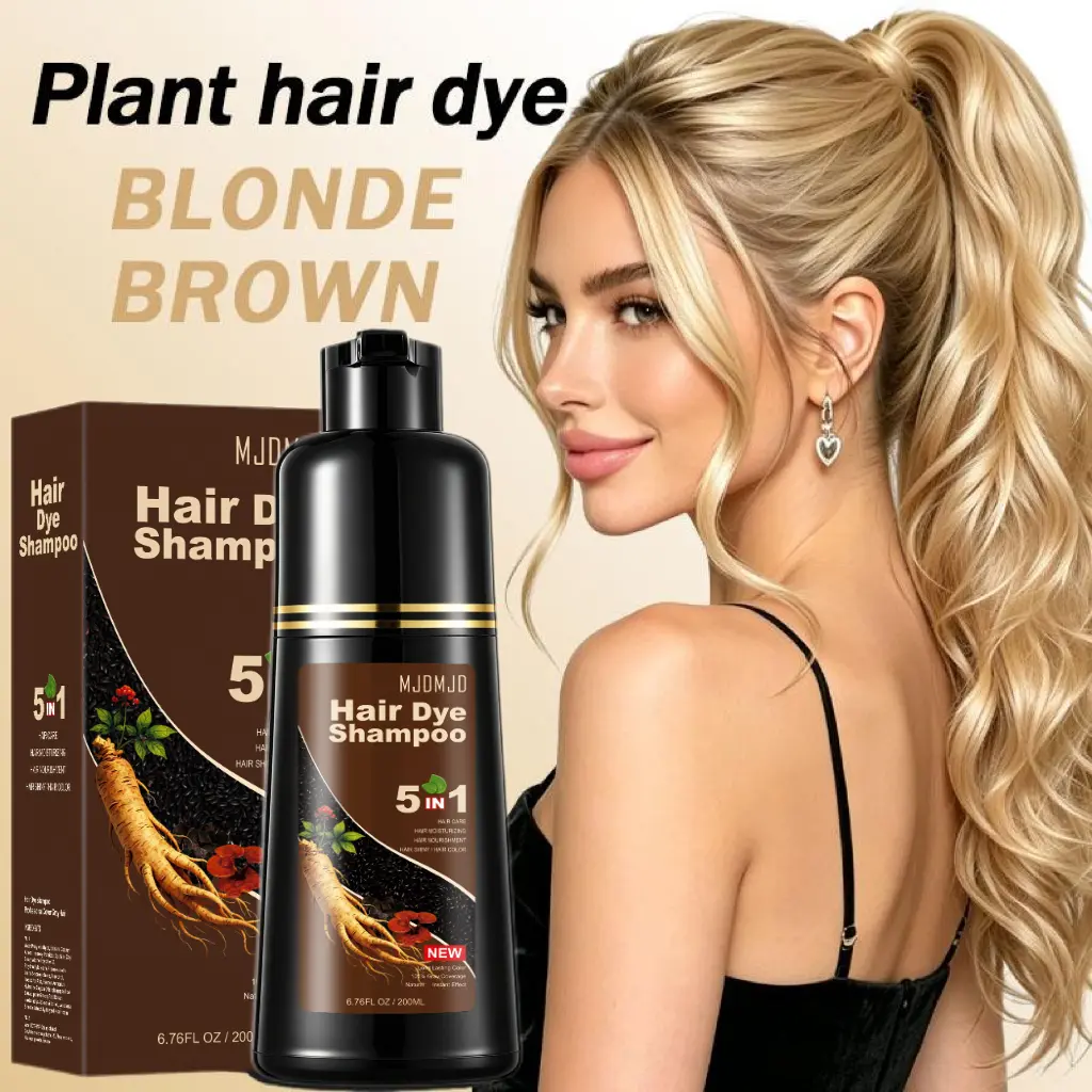 5-in-1 Blonde Brown Hair Dye Shampoo, Hair Color with Ginseng for Gray Coverage, Long Lasting Blonde Brown Hair Dye for Women & Men, Nourishing Formula, Easy At-Home Use, 200ML