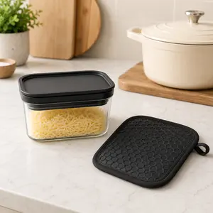 3-in-1 Glass Cheese Grater Storage Container with Removable Grater Insert + 1 Honeycomb Non-Slip Silicone Pot Holder, Multi-Purpose Kitchen Combo for Cheese Ginger Garlic Prep & Countertop Heat Protection