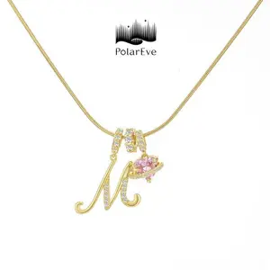 PolarEve 14K Gold Plated Initial Necklace for Women, 3-Layer Letter A-Z Pendant with Pink Heart Zircon, Snake Chain Choker, Adjustable Personalized Jewelry Gift