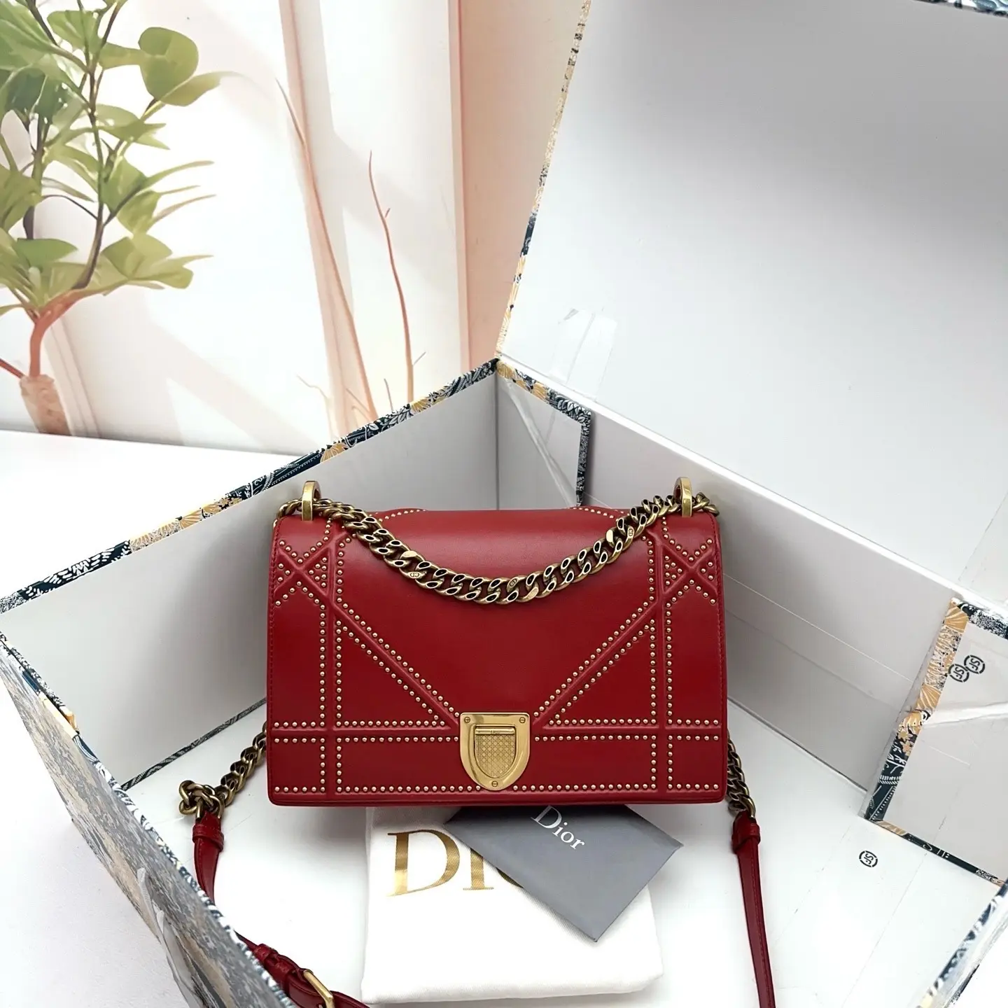 Pre-owned Dior Red Studded Leather Chain Shoulder Bag 0811 zoe 22880205