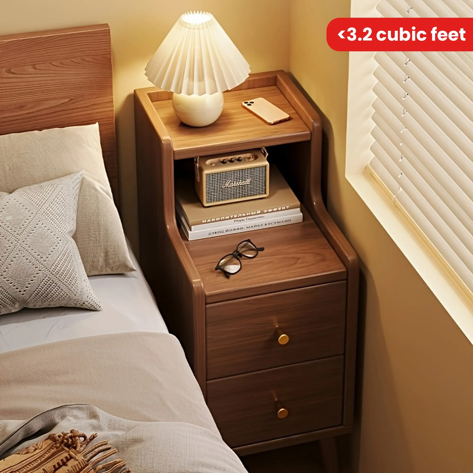 Small Nightstand, Solid Wood Nightstand with Drawer, Walnut Nightstand for Bedroom
