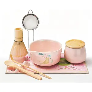 9 PCS Complete Japanese Matcha Whisk Tea Set Cute Cat Design Includes Ceramic Matcha Bowl Bamboo Whisk Scoop Sifter Whisk Holder Stainless Steel Sieve