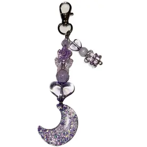 Lavender Purple Moon Keychain with Sparkling Beads and Charm for Fashion Accessories