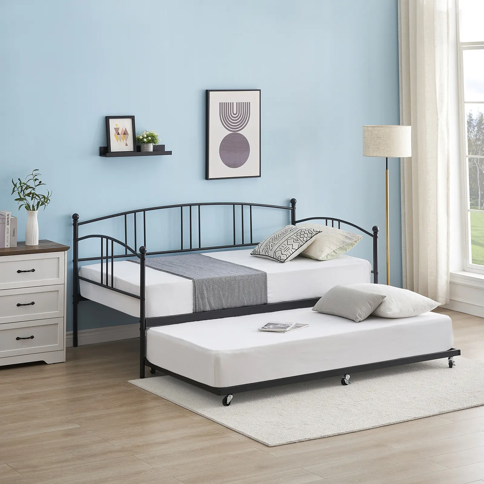 Twin Size Metal Daybed Frame, Elegant Arched Headboard and Reliable Steel Slat Support, Box Spring Free Design, Simple Assembly for Guest Use