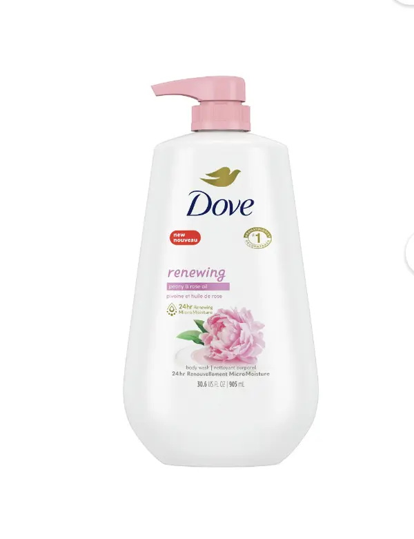 Dove Renewing Body Wash with Peony & Rose Oil, Dermatologist Tested, Paraben Free Daily Cleanser for Dry Skin, 30.6 oz Pump Bottle, Peony Oil, Paeonia, Scented