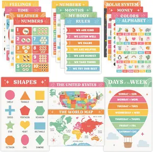 Fun Educational Posters for Toddlers 1-3, 16-Piece Easy-to-Read Learning Charts for Classroom & Homeschool Decor, Essential for Preschoolers with ABC, Number, Solar System Designs, Ideal for Focus Boosting in Playroom, Daycare, Bedrooms