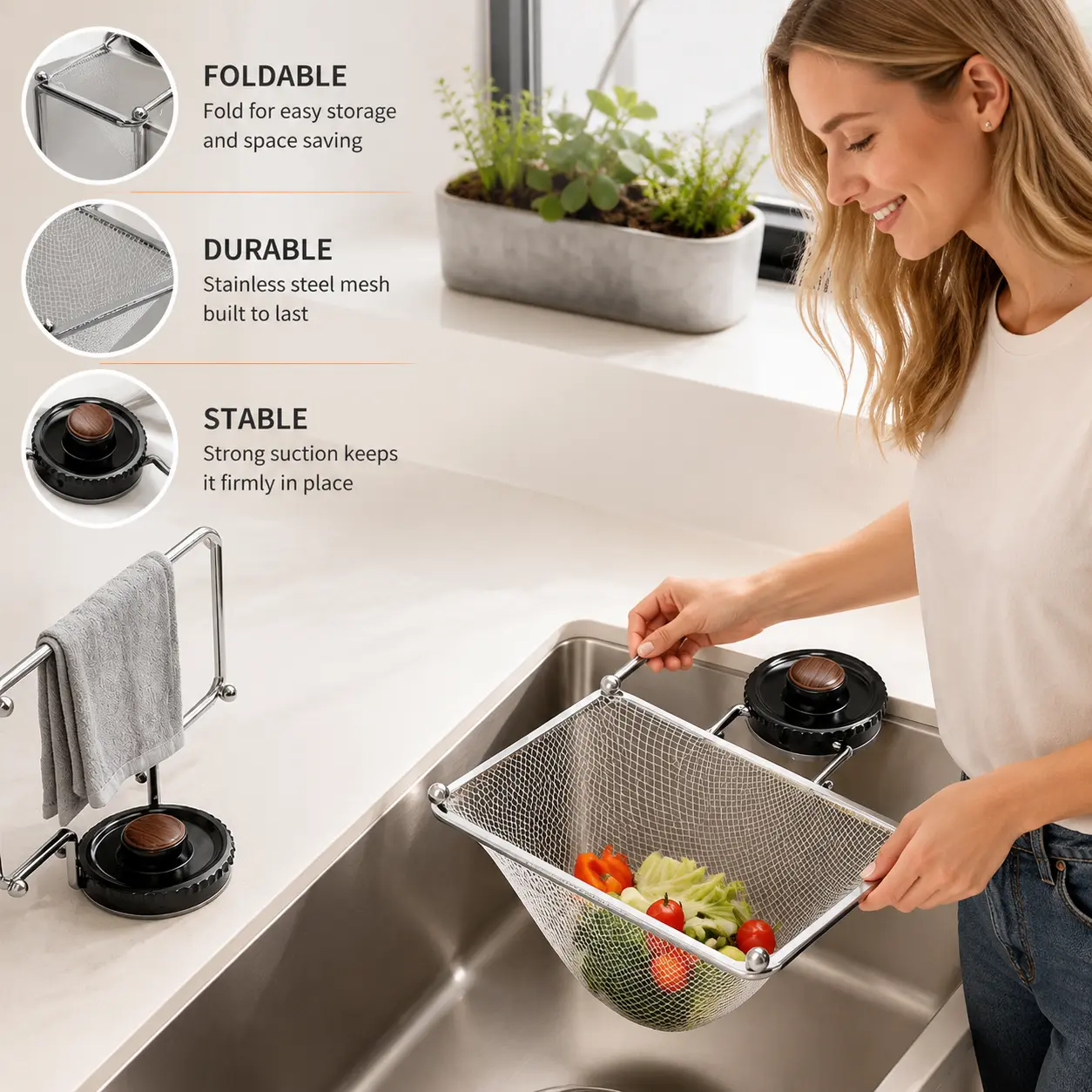 Kitchen Sink Strainer Basket Set - 1 Count with 100 Reusable Flexible Filters, Suction Mount for Draining Food Residue, Tea - Household Kitchen Utensil for Fruits, Vegetables