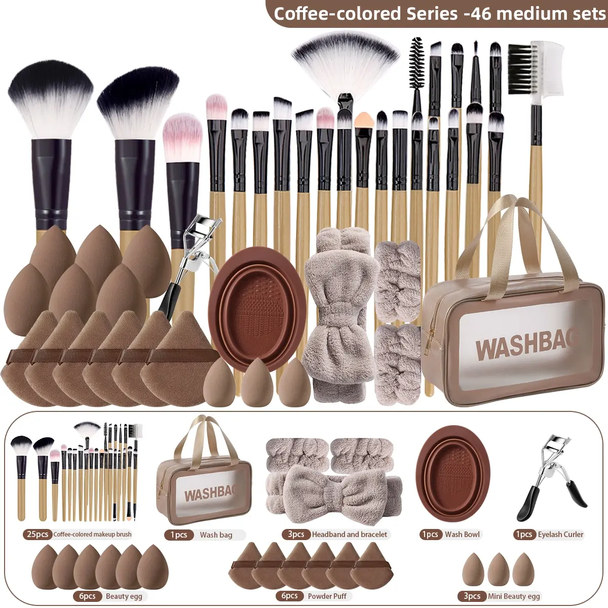 46-Piece Women's Professional Cosmetic Brushes Makeup Brush Set with Storage Bag, Includes Brushes, Sponges, Hair Bands, Perfect for Travel and Daily Use, Makeup Tools Set, Makeup Brushes Kits