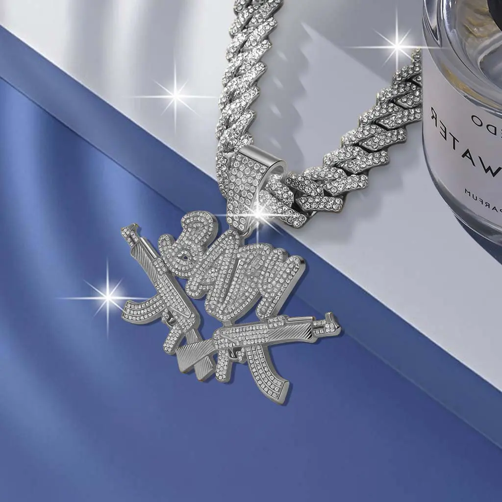 Dual Guns Baby Pendant Miami Cuban Link Chain Necklace Iced Out Bling Rhinestone Hip Hop Jewelry for Men Women