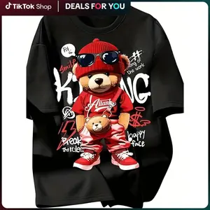 Men's Cotton Graphic Tshirt - Menswear, Short Sleeve, Round Neck, Bear Print, All-Season Knit Fabric, Regular Fit Pullover Casual Top