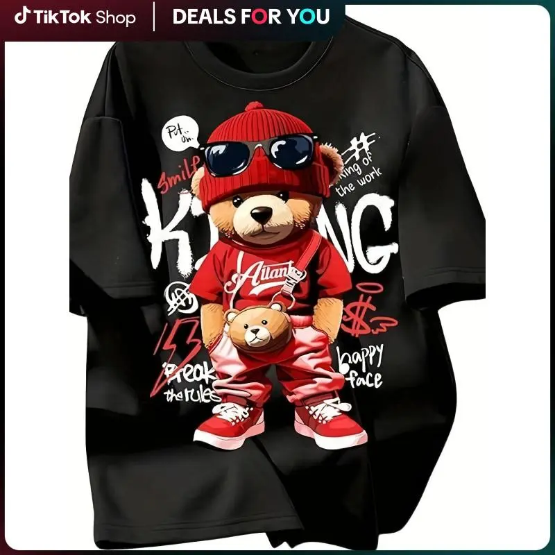 Men's Cotton Graphic Tee Casual Crew Neck Short Sleeve T-Shirt with Bear Print All-Season Knit Fabric Pullover Regular Fit