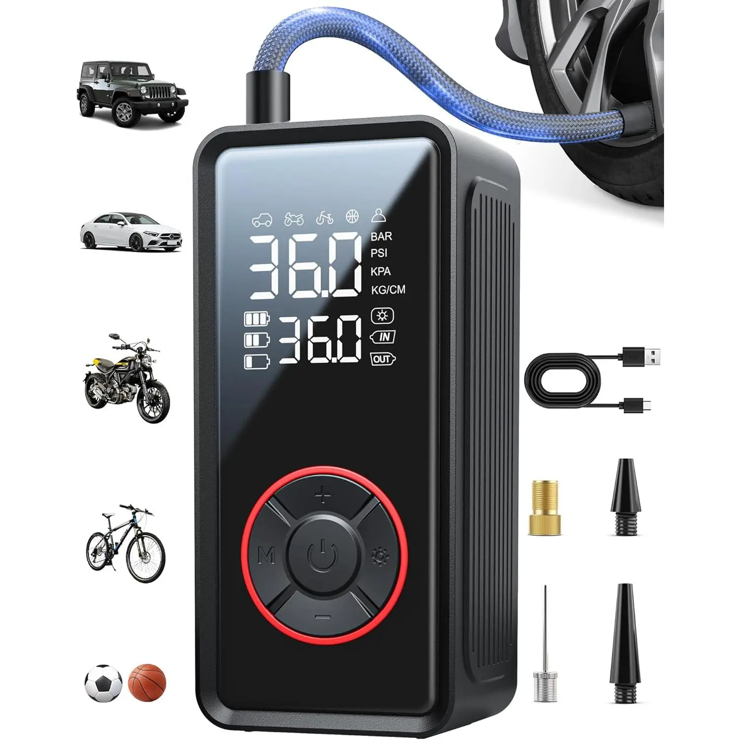 Cordless Tire Inflator - Portable Air Compressor with 3X Faster Inflate, LED Light, Auto Shut-Off, 4 Nozzles for Car, Volleyball, Black, Ideal Gift for Men, 3X Faster Inflation, Ball Sports