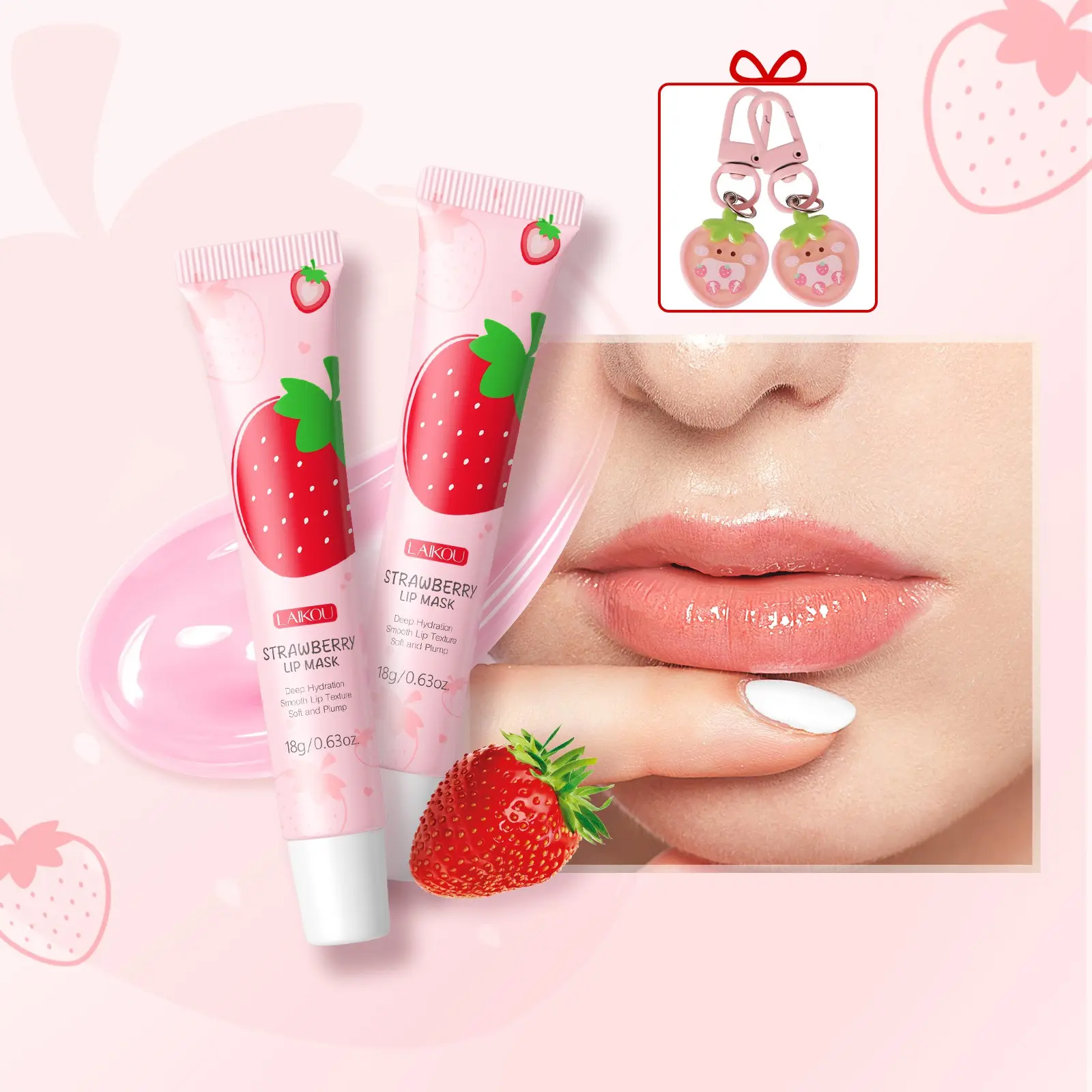LAIKOU Strawberry Hydrating Lip Mask,Nourishing Moisturizing Soften & Smooth Lip Treatment, Long-Lasting Moisture for Dry & Rough Lips