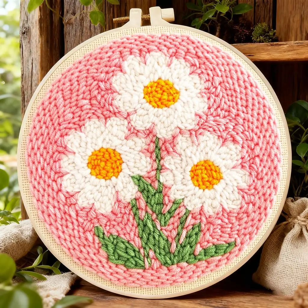 Flower Punch Needle Kits,Daisy Punch Needle Kits for Beginners,DIY Punch Embroidery Art & Craft kit for Adults with Video Tutorial