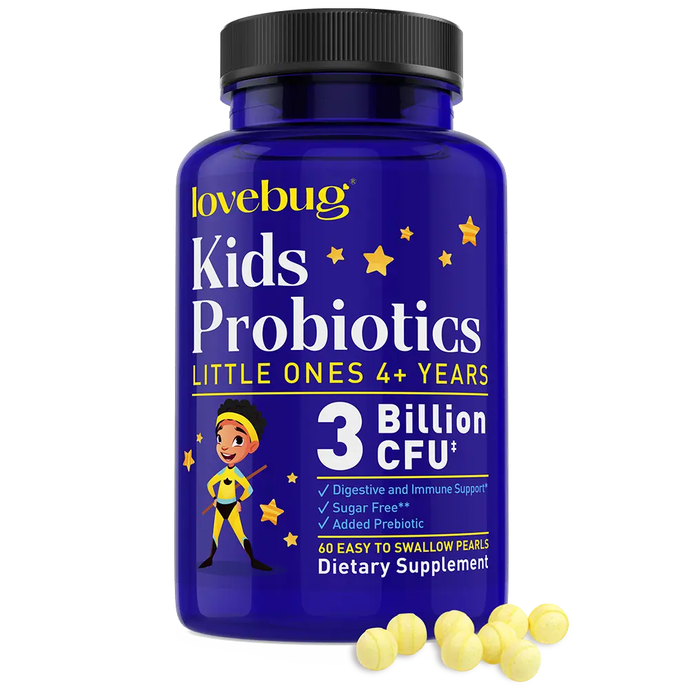 Lovebug Kids Probiotic Pearls | 3 Billion CFU, 5 Probiotic Strains | Easy to Swallow | Sugar Free | Digestive & Immune Support | 60 or 120 Count