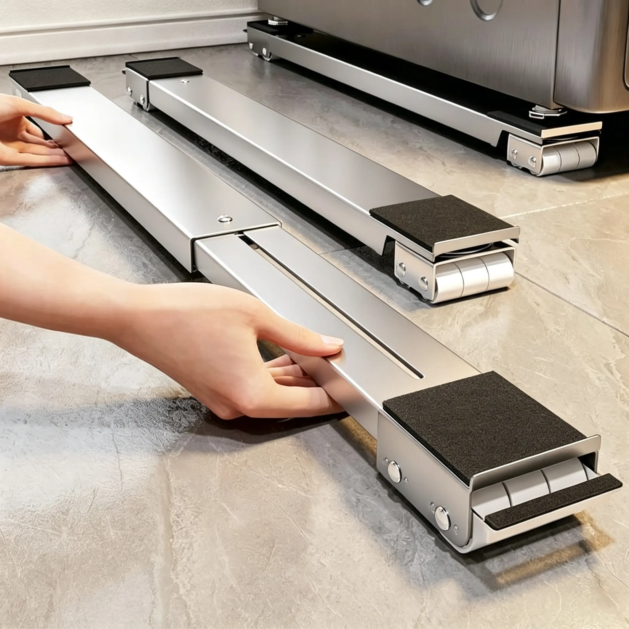 Heavy Duty Metal Frame Appliance Rollers with Locking Brake - 660 lbs Total Load, Extendable Adjustable Base, Floor-Safe Dolly Mover for Washing Machines, Refrigerators
