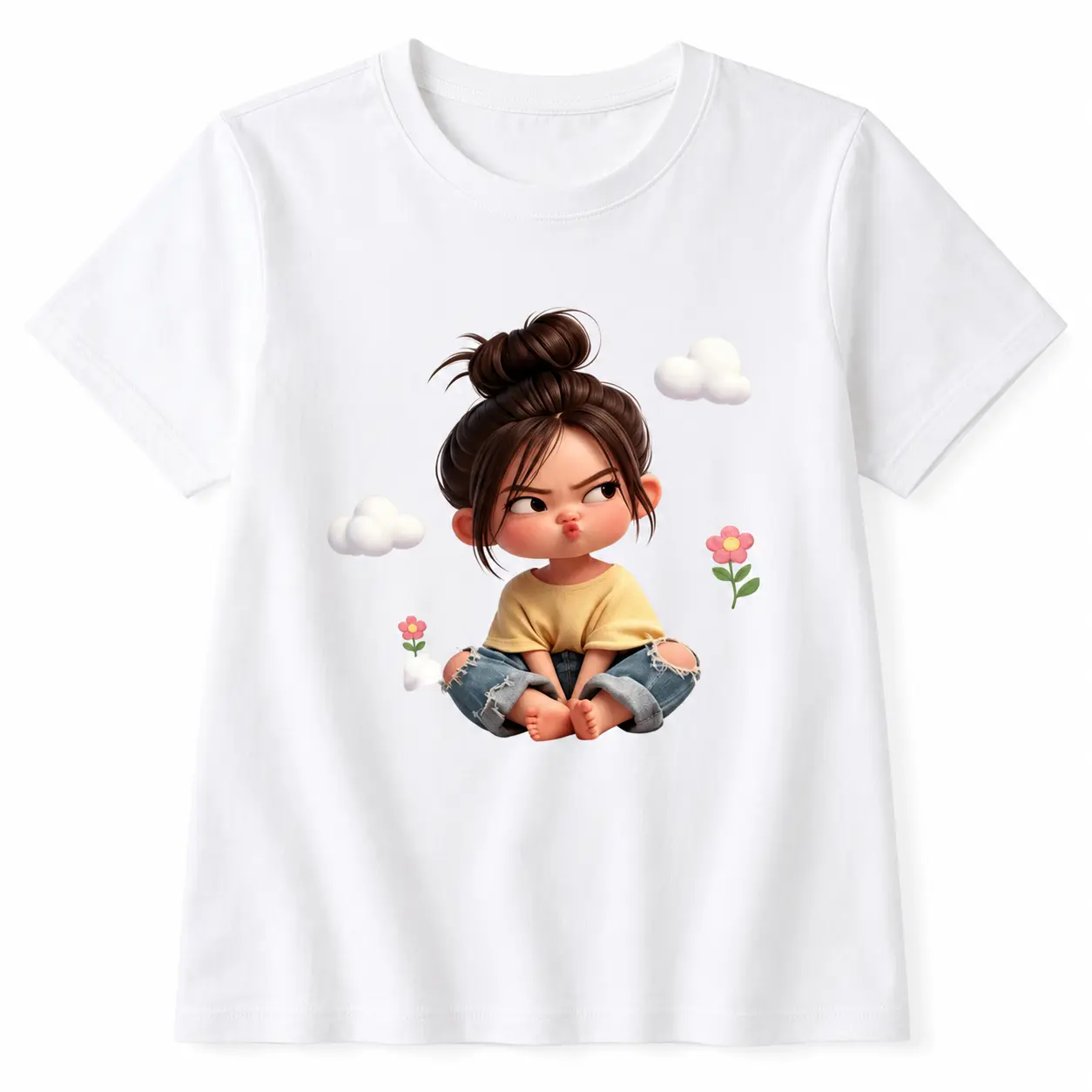 Women's Sassy Cartoon Girl & Clouds Graphic T-Shirt - Shortleeve Crewneck, Fitted, Elastic, Comfortable, Cute Pink Aesthetic, Premium Cotton, Beach Casual Tee, Spring Glow Up Vibes, Summerwins, Shortsleeve, Fabric, Women's Tops, Cute Shirts, Anniversary,,