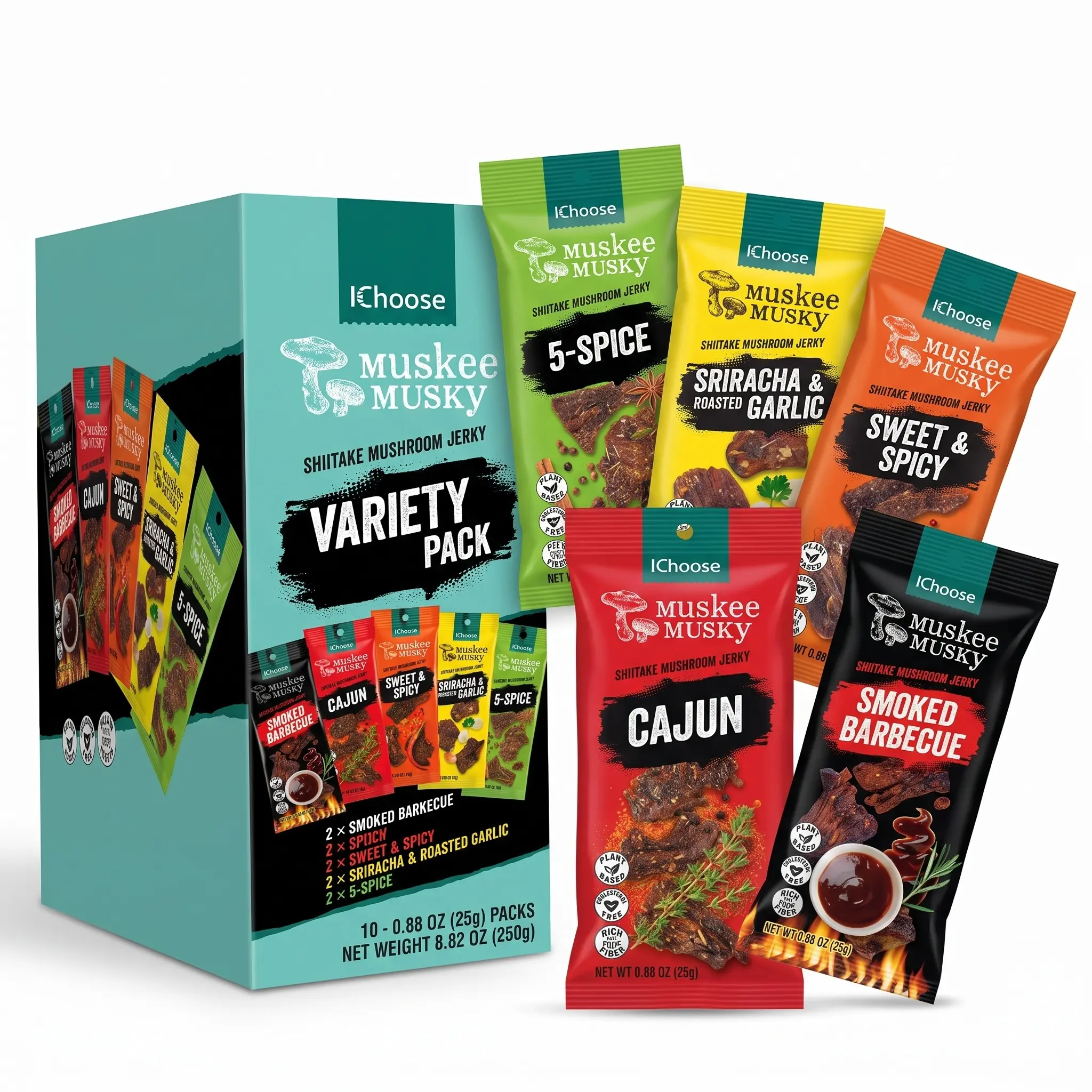 IChoose Muskee Savory Shiitake Mushroom Jerky Variety Pack - Vegan, Meatless, Plant-Based Snack with Bold Flavors (Sriracha Garlic, 5-Spice, Cajun), Cholesterol-Free, On-the-Go for Office, Travel, Work