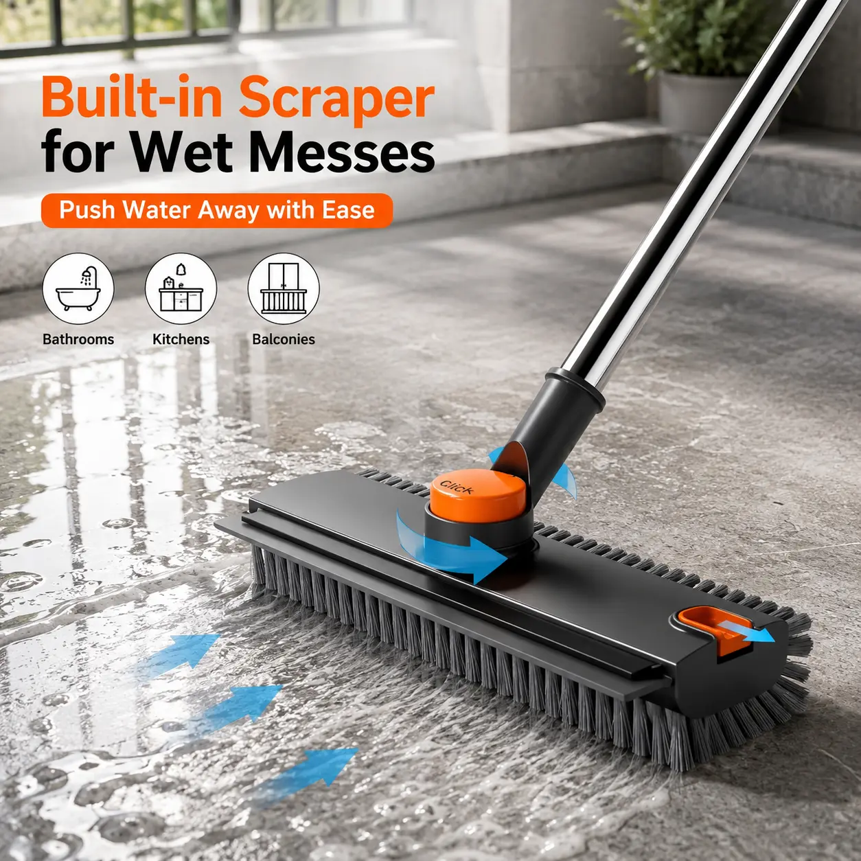 3-in-1 Rotatable Silicone Scrub Brush with Adjustable Handle, Scrubber Squeegee Combo Household Cleaning Tool for Bathtub, Tile, Squeegee Shower, Housekeeping Cleaning Supplies