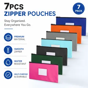 7 Pack Money Bags with Zipper – 7 Colors, 11.25”x6.25”, Large Capacity for Cash, Coins, Checks – Bank Deposit Bags, Cash Register Pouches, Currency Storage for Home or Office – Washable & Recyclable