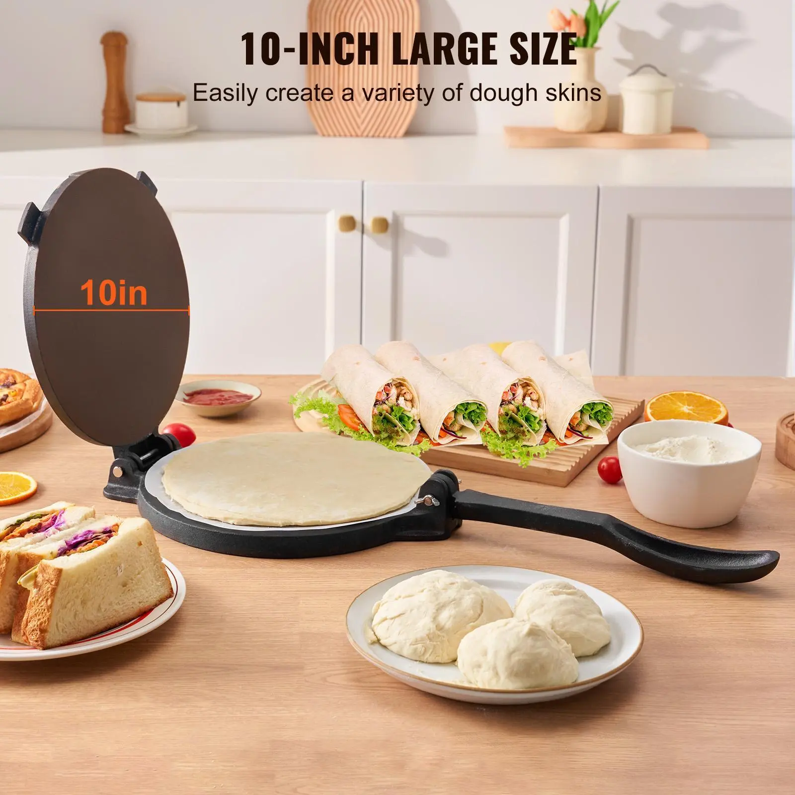 Tortilla Press, 10 Inch Tortilla and Roti Maker, Cast Iron Heavy Duty Tortilladora Press, Pataconera Maker with 100 Pcs Parchment Paper, Dough Maker for Flour Tortilla, Tawa, Kitchen Round