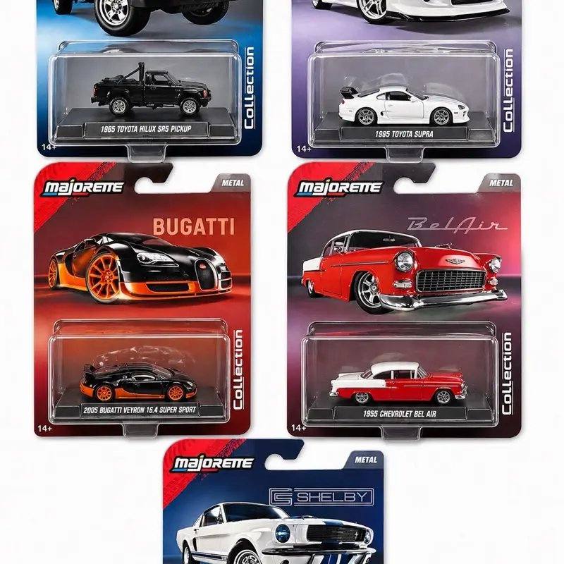 Majorette Collection - 1955 Chevrolet Bel Air, 1955 Toyota Supra, 2005 Bugatti Veyron 16.4 Super Sport, 1985 Toyota Hilux SRS Pickup, 1965 Shelby