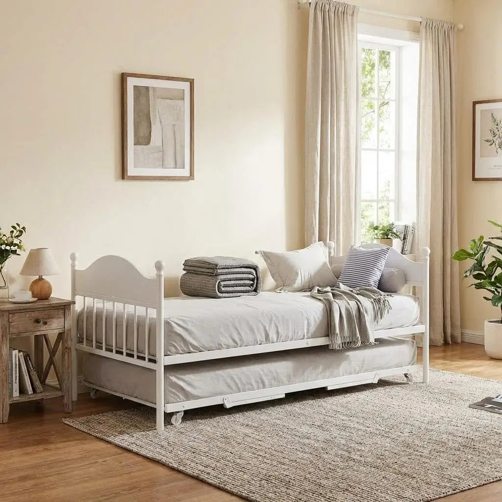 Garvee Daybed with Foldable Trundle, Heavy Duty Steel Slats Platform Sofa Bed Frame, Versatile for Living Room and Bedroom, White Finish