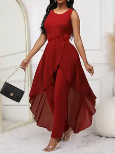 Women's 2 in 1 Contrast Lace Asymmetrical Hem Tank Jumpsuit, Elegant Backless Zipper Back Wrap Sleeveless Fit A Line Jumpsuit for Party Club Dating Wear, Ladies Clothes for All Seasons Womenswear