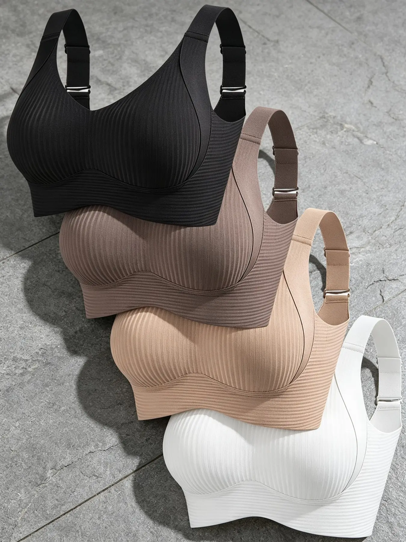 4-Pack Elegant Solid Color Bras for Women, Comfortable Knit Wireless Bra with Soft Support and Non-Removable Pads, Medium Support, Wide Straps, Lined Wireless Bras